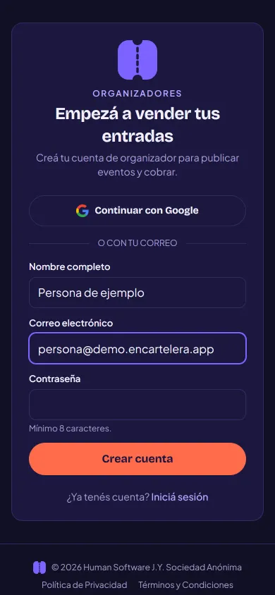 Pantalla de crear cuenta de organizador en un celular, con un botón para continuar con Google y los campos de nombre, correo y contraseña.