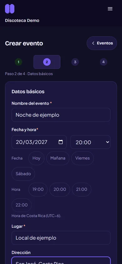 Segundo paso de crear un evento, «Datos básicos»: nombre del evento, fecha y hora con atajos, y el lugar.