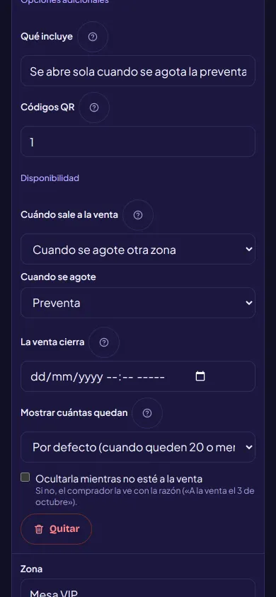La zona General configurada para salir a la venta «cuando se agote otra zona», con la Preventa elegida como la zona que tiene que agotarse.