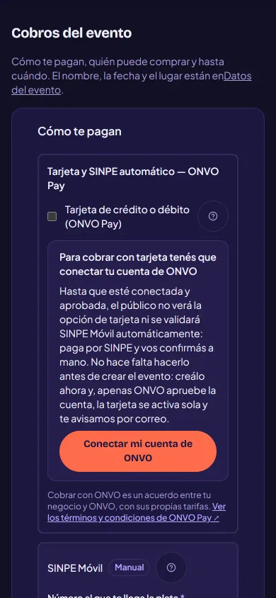 Pantalla «Cobros del evento»: la opción de tarjeta y SINPE Móvil automático con ONVO Pay y, debajo, el SINPE Móvil manual con el número al que llega el dinero.