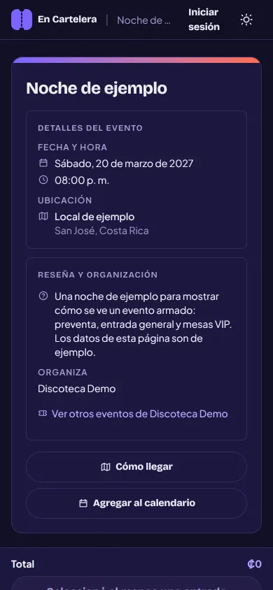 La página pública del evento en un celular: fecha, lugar y descripción, y abajo la lista de zonas con sus precios.